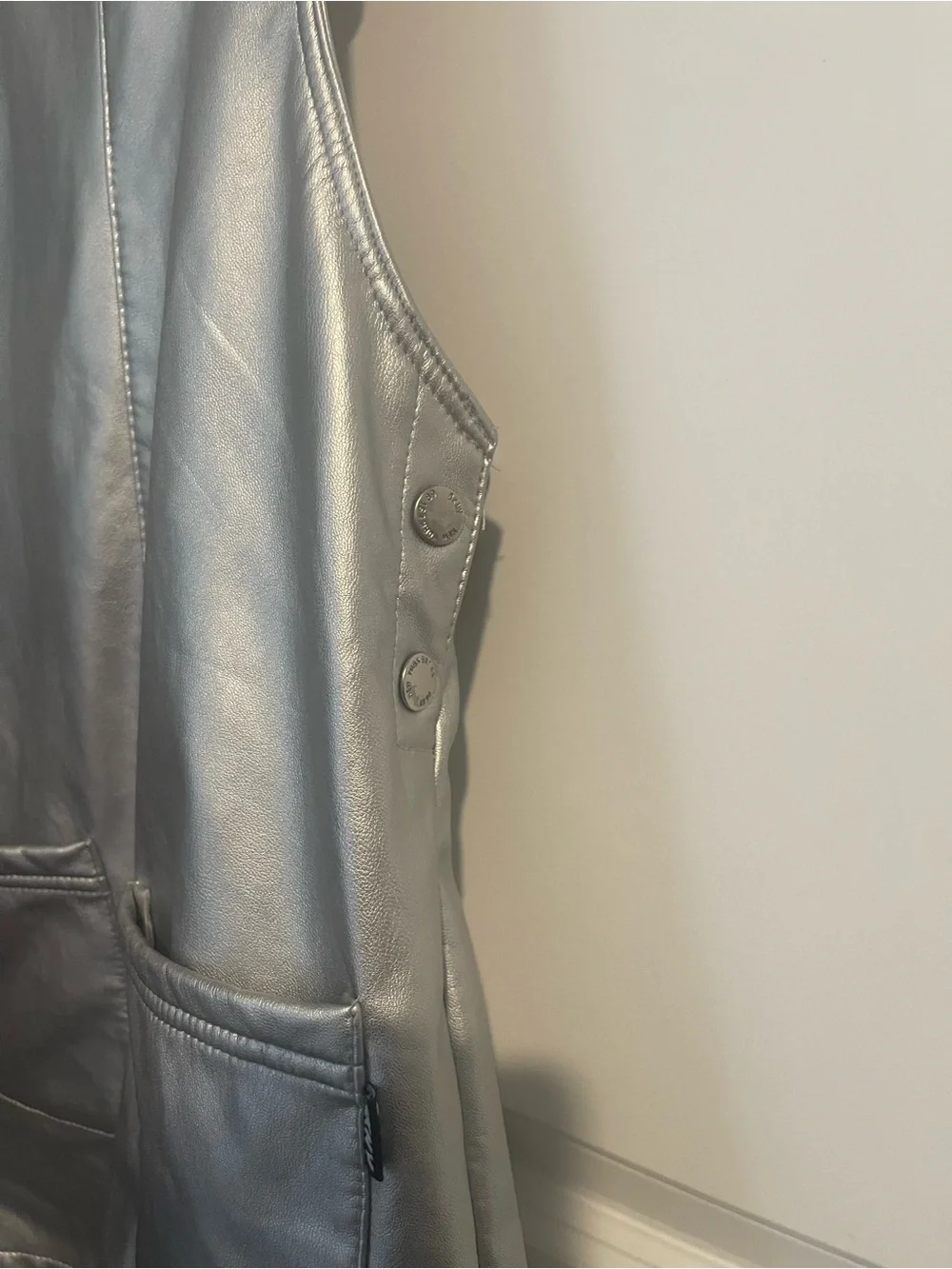 DKNY Girls' 10 Metallic Silver Faux-Leather Pinafore Dress 2 Front Pockets